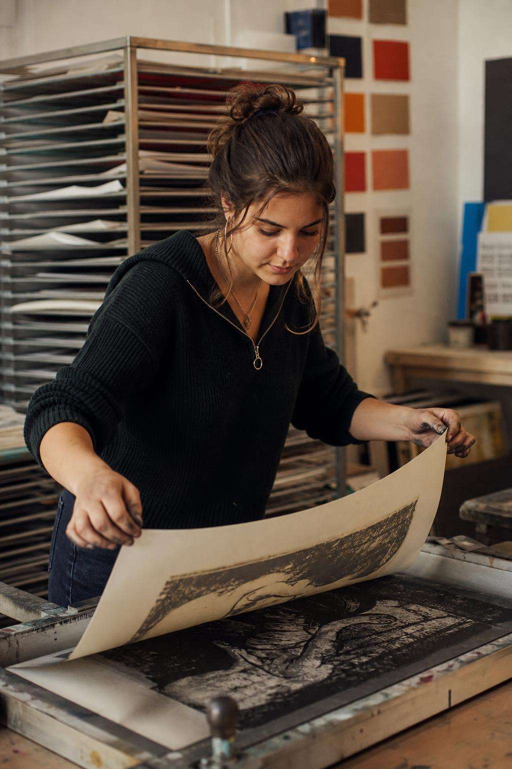 A student lifting a fresh print from the etching press