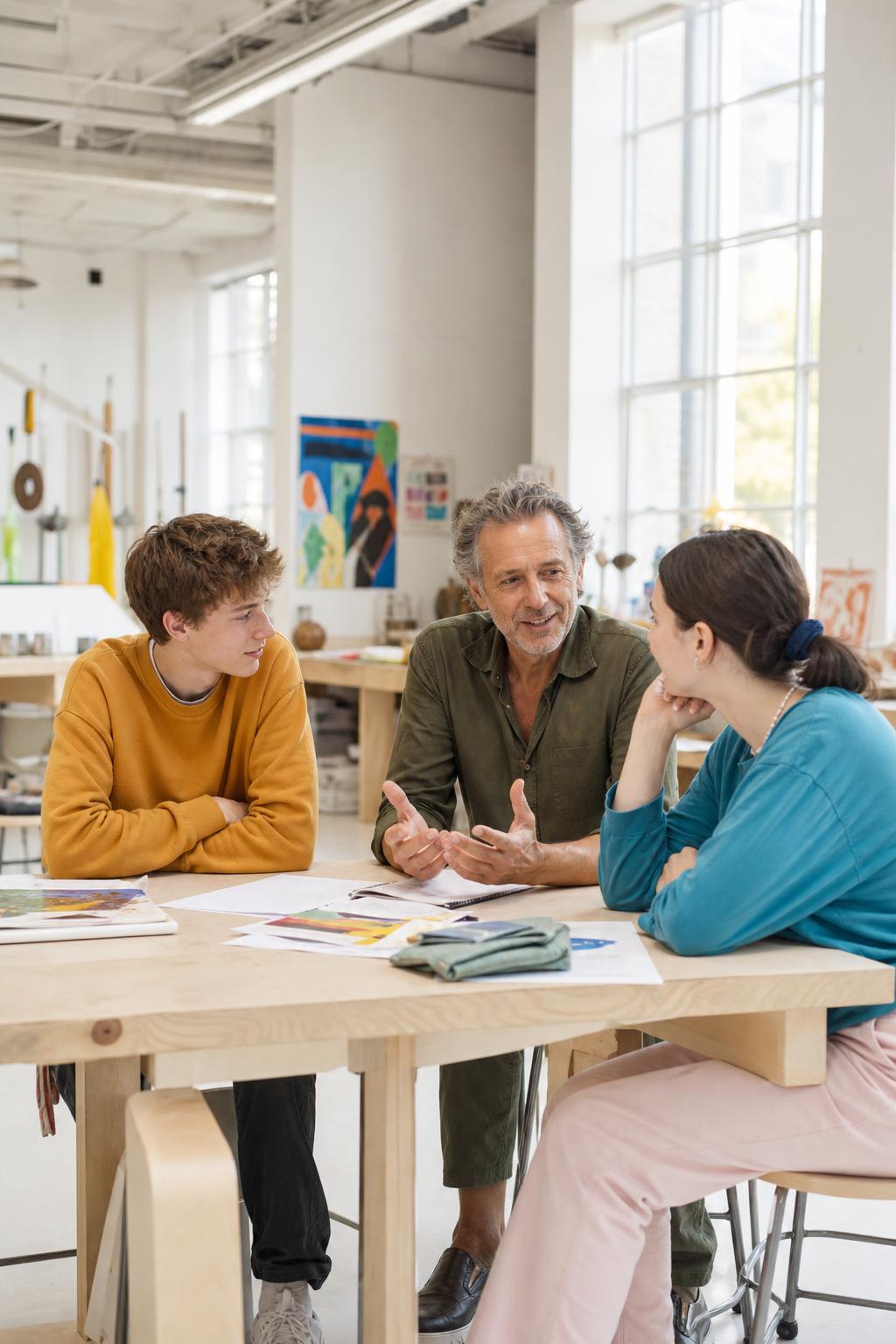 The Head of School at a table with two students and their work